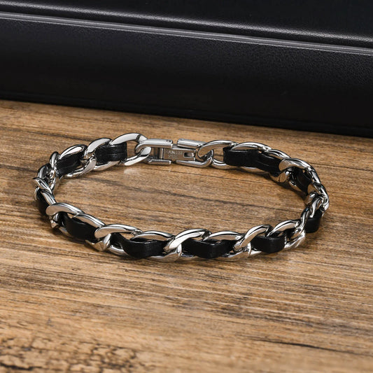 Bracelete Black Chain - Couro e Aço Inoxidável
