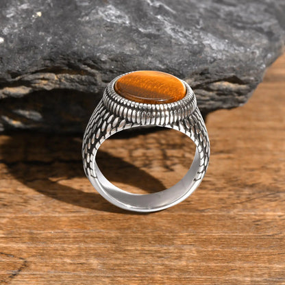 Anel Pedra Olho de Tigre - Aço Inoxidável