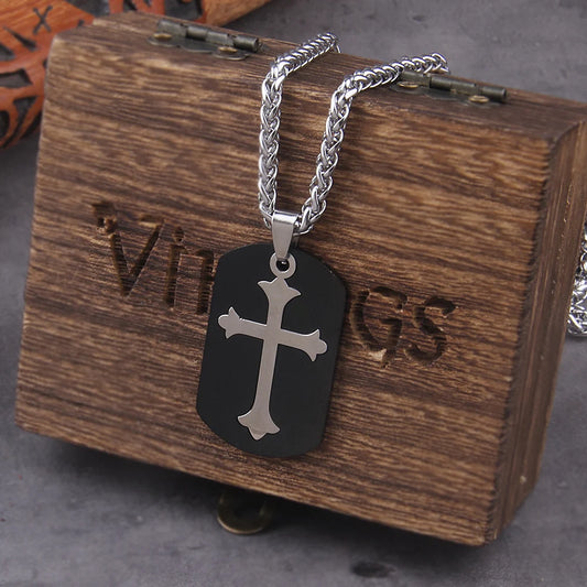 Colar Placa Cruz + Caixa de Madeira