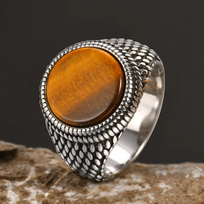 Anel Pedra Olho de Tigre - Aço Inoxidável