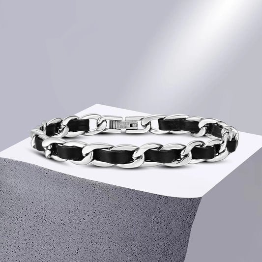 Bracelete Black Chain - Couro e Aço Inoxidável