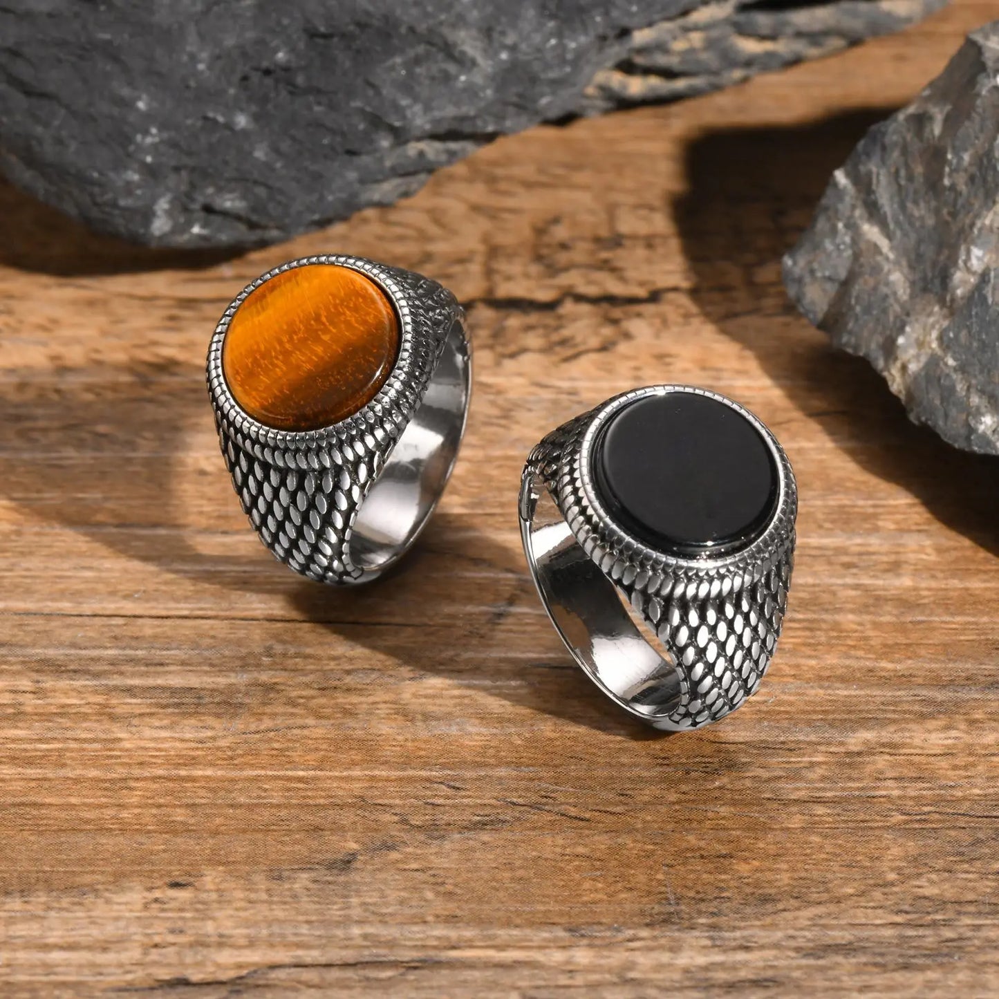 Anel Pedra Olho de Tigre - Aço Inoxidável