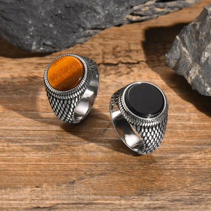 Anel Pedra Olho de Tigre - Aço Inoxidável