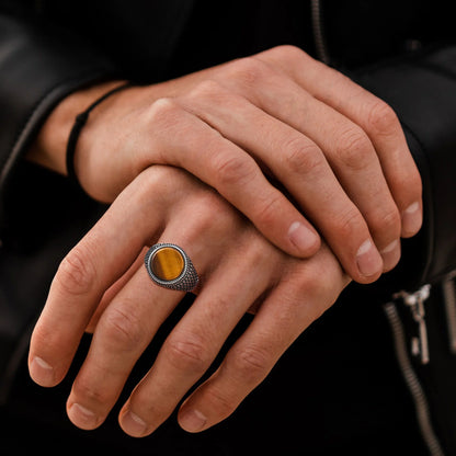 Anel Pedra Olho de Tigre - Aço Inoxidável