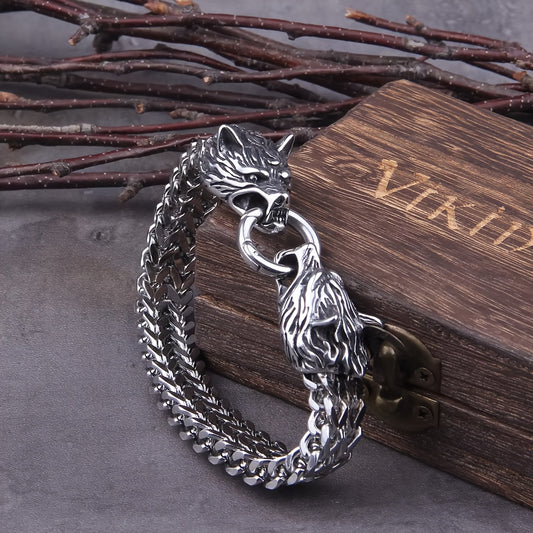 Pulseira Viking Cabeça de Lobo - Aço Inoxidável